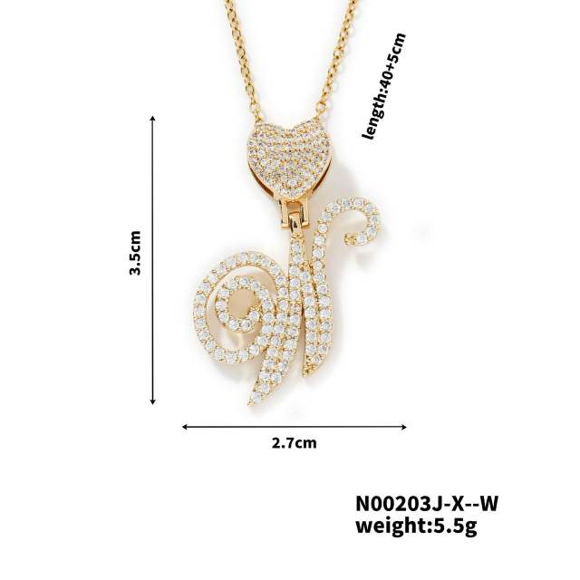Hiphop diamond heart initial letter pendant copper necklace