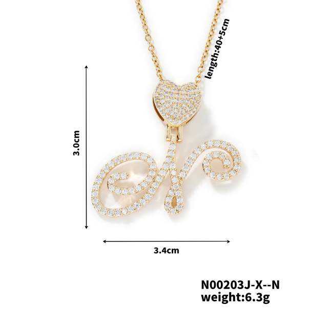 Hiphop diamond heart initial letter pendant copper necklace