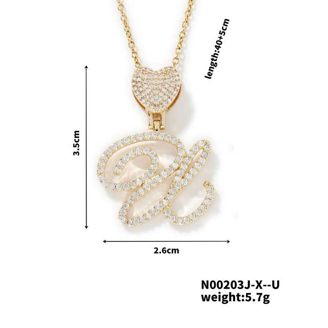 Hiphop diamond heart initial letter pendant copper necklace