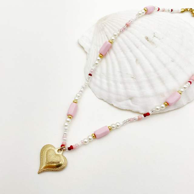 Sweet pink color natural stone stainless steel heart charm necklace bracelet set