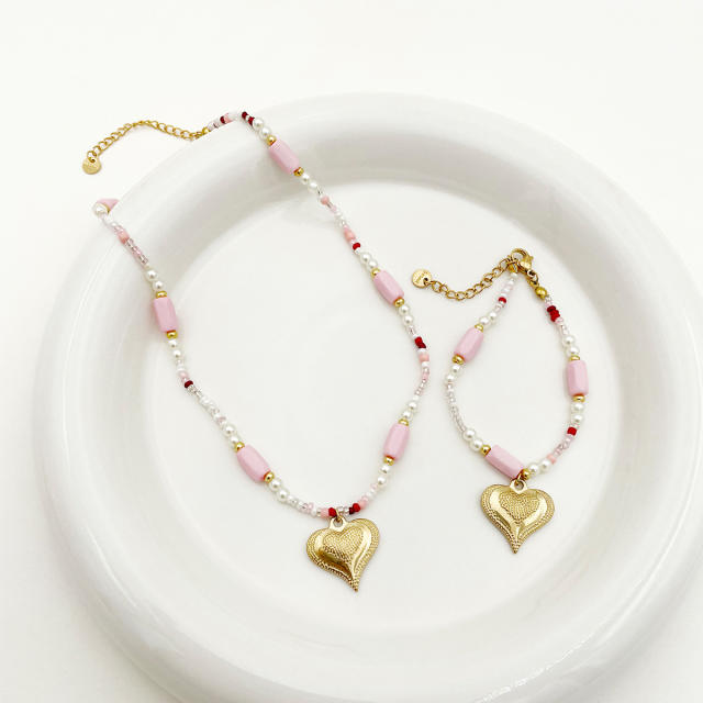 Sweet pink color natural stone stainless steel heart charm necklace bracelet set
