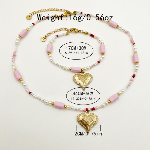 Sweet pink color natural stone stainless steel heart charm necklace bracelet set