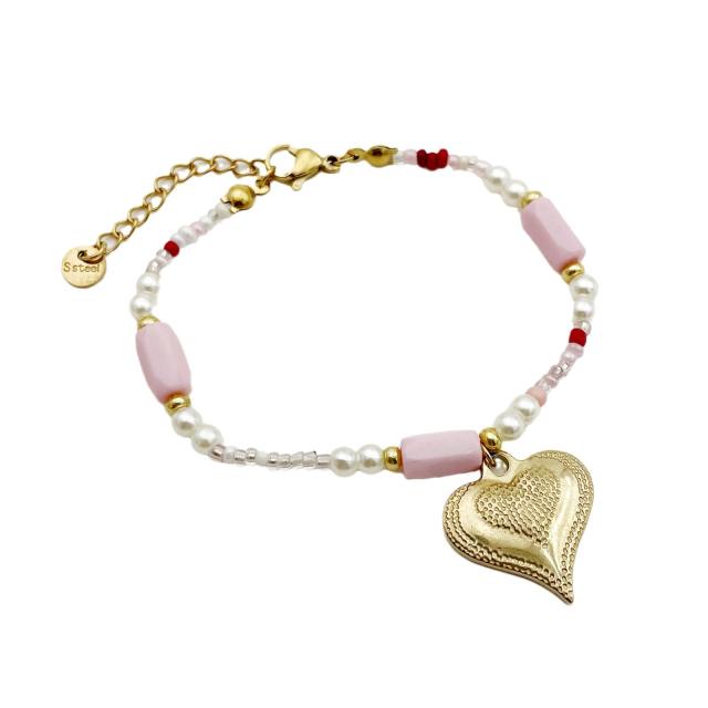 Sweet pink color natural stone stainless steel heart charm necklace bracelet set