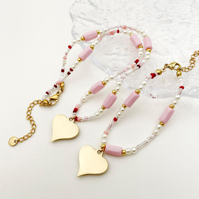 Sweet pink color natural stone stainless steel heart charm necklace bracelet set