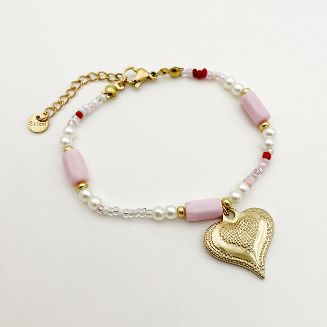 Sweet pink color natural stone stainless steel heart charm necklace bracelet set