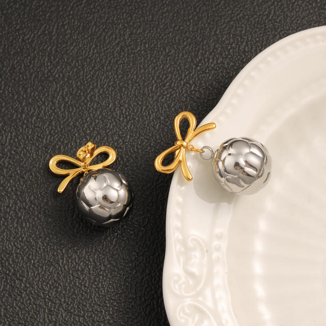 18KG elegant bow ball bead mix color stainless steel earrings