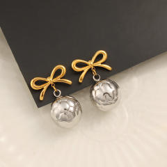 18KG elegant bow ball bead mix color stainless steel earrings