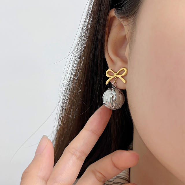 18KG elegant bow ball bead mix color stainless steel earrings