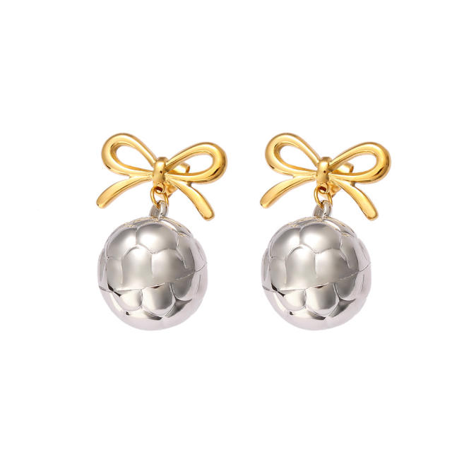 18KG elegant bow ball bead mix color stainless steel earrings
