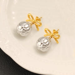 18KG elegant bow ball bead mix color stainless steel earrings