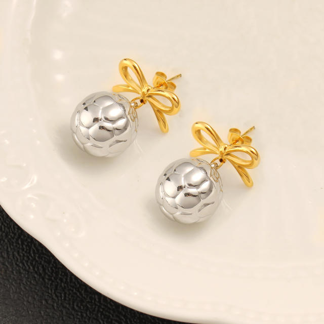 18KG elegant bow ball bead mix color stainless steel earrings
