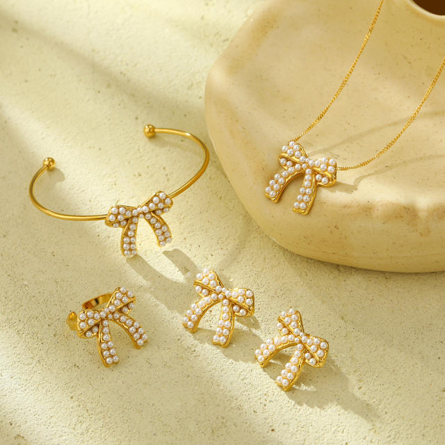 Sweet pearl beaded bow stainless steel necklace set