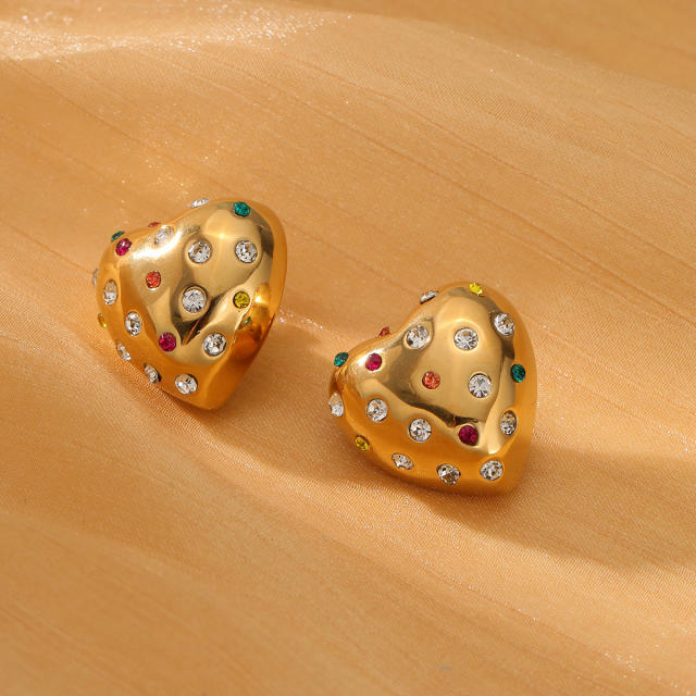 18KG chunky heart stainless steel earrings with rhinestone