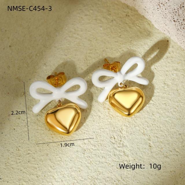 18KG color enamel sweet bow heart dangle stainless steel earrings
