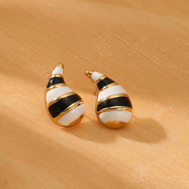 Elegant black white enamel chunky waterdrop stainless steel earrings