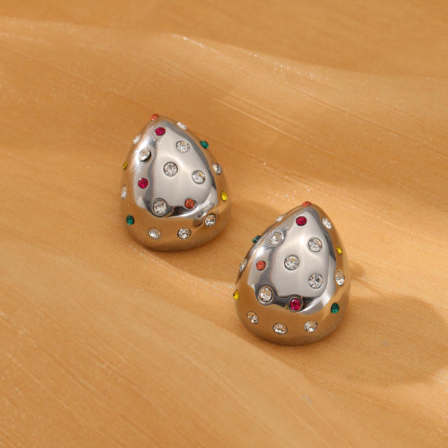 18KG rhinestone setting chunky waterdrop stainless steel earrings