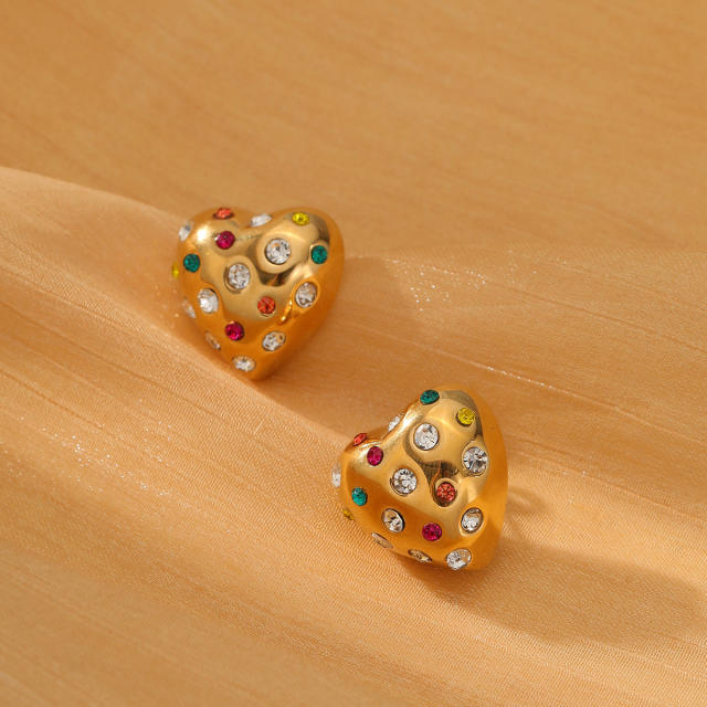 18KG chunky heart stainless steel earrings with rhinestone