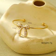 Sweet pearl beaded bow stainless steel necklace set
