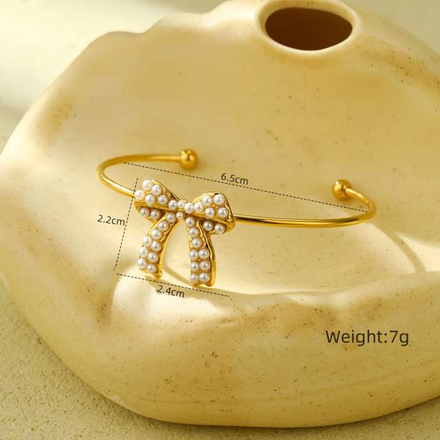 Sweet pearl beaded bow stainless steel necklace set