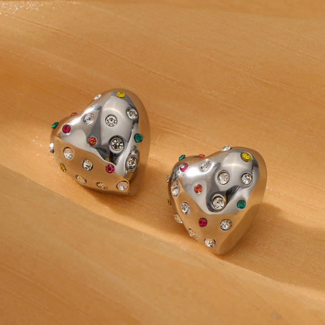 18KG chunky heart stainless steel earrings with rhinestone