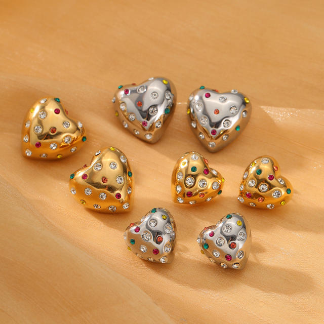 18KG chunky heart stainless steel earrings with rhinestone