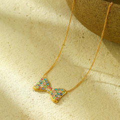 Sweet rainbow cz bow stainless steel necklace set