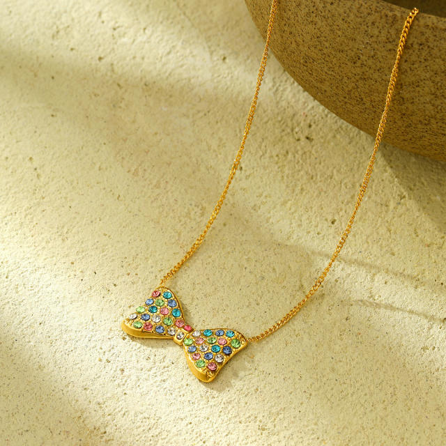 Sweet rainbow cz bow stainless steel necklace set