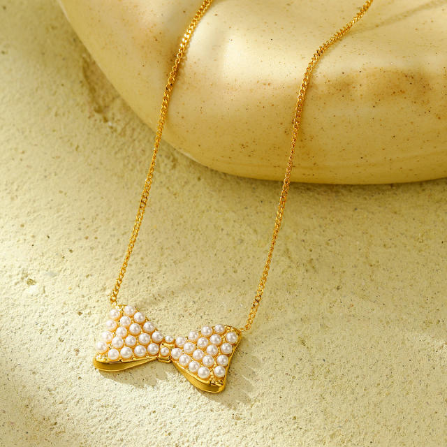 Sweet pearl bead bow stainless steel necklace earrings set