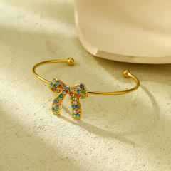 Sweet rainbow cz stainless steel bow necklace set