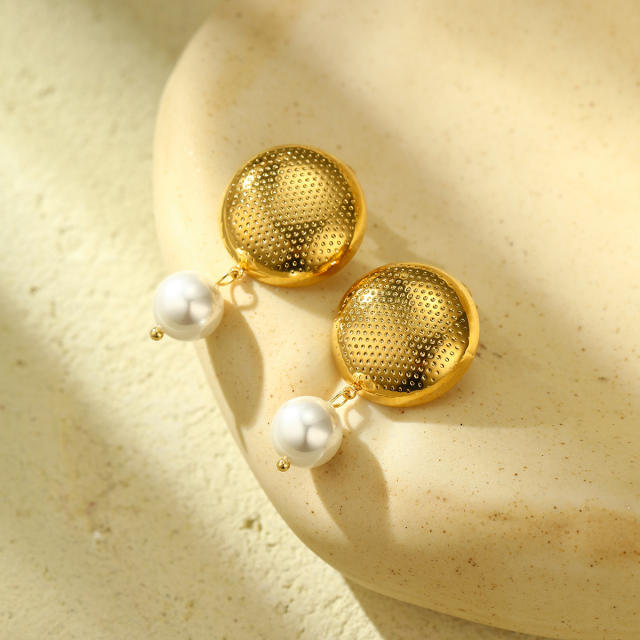 18KG pearl bead chunky ball bead stainless steel earrings
