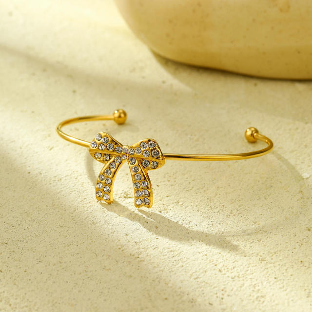 Sweet cz bow stainless steel necklace bangle earrings set