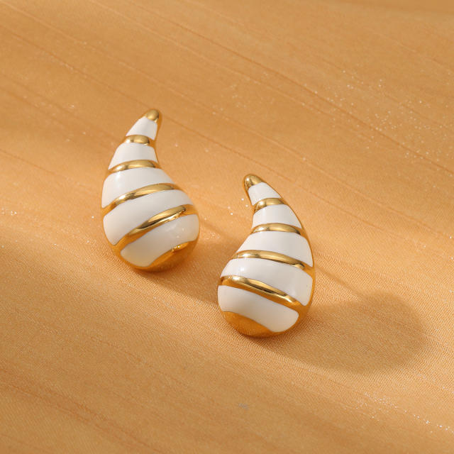 Elegant black white enamel chunky waterdrop stainless steel earrings