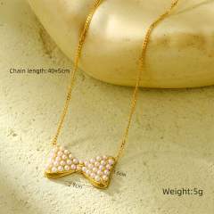 Sweet pearl bead bow stainless steel necklace earrings set