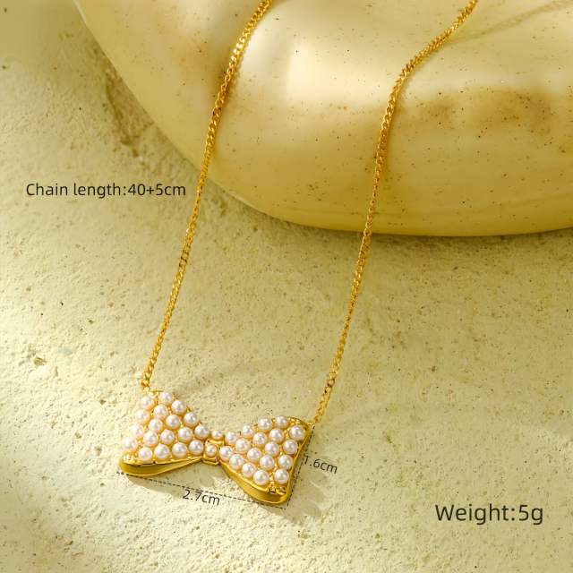 Sweet pearl bead bow stainless steel necklace earrings set