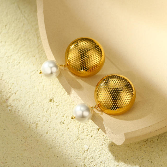 18KG pearl bead chunky ball bead stainless steel earrings