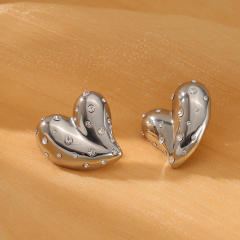 18KG diamond heart chunky stainless steel earrings
