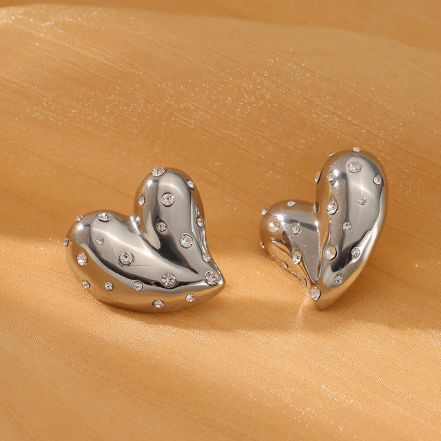 18KG diamond heart chunky stainless steel earrings