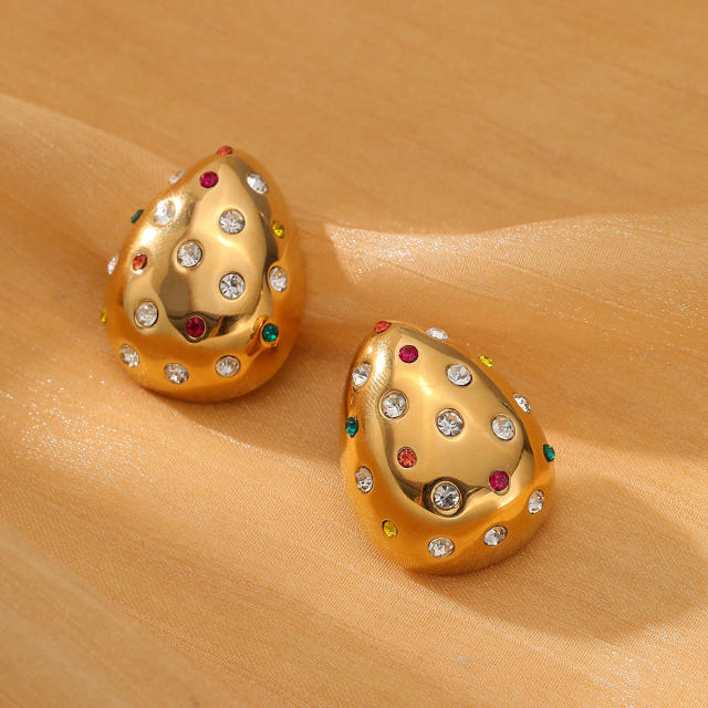 18KG rhinestone setting chunky waterdrop stainless steel earrings