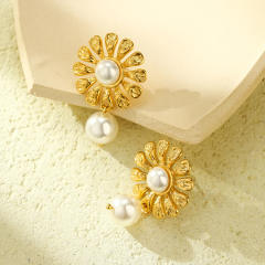 Elegant sunflower pearl stainless steel dangle earrings