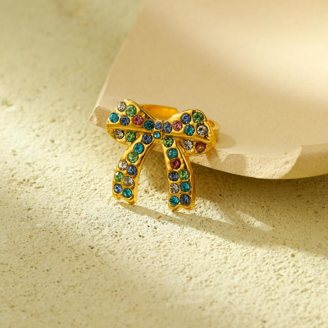 Sweet rainbow cz stainless steel bow necklace set