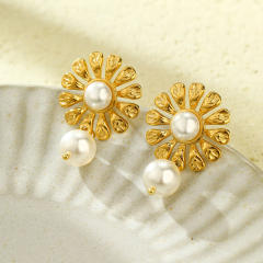 Elegant sunflower pearl stainless steel dangle earrings