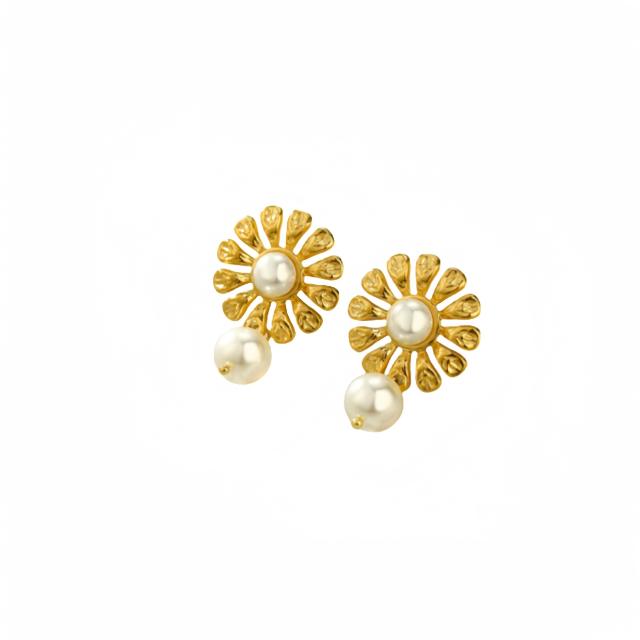 Elegant sunflower pearl stainless steel dangle earrings