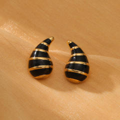 Elegant black white enamel chunky waterdrop stainless steel earrings
