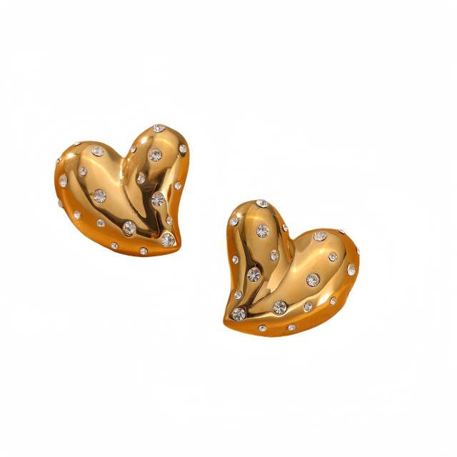 18KG diamond heart chunky stainless steel earrings