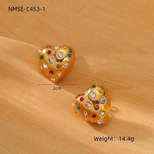 18KG chunky heart stainless steel earrings with rhinestone