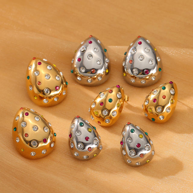 18KG rhinestone setting chunky waterdrop stainless steel earrings
