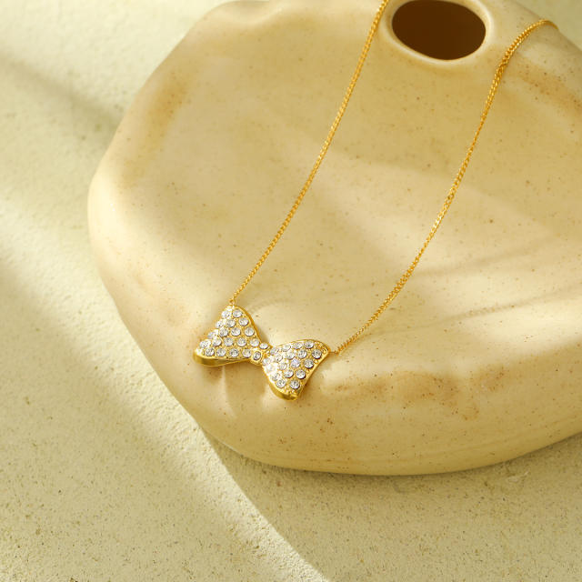 Sweet diamond bow stainless steel necklace set
