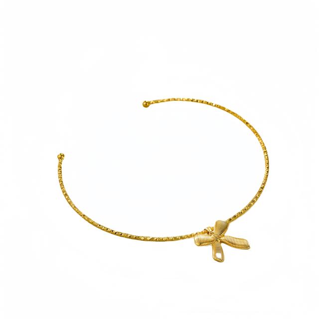 Personality easy match sweet bow charm stainless steel cuff choker necklace