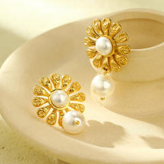 Elegant sunflower pearl stainless steel dangle earrings