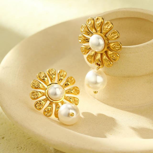 Elegant sunflower pearl stainless steel dangle earrings